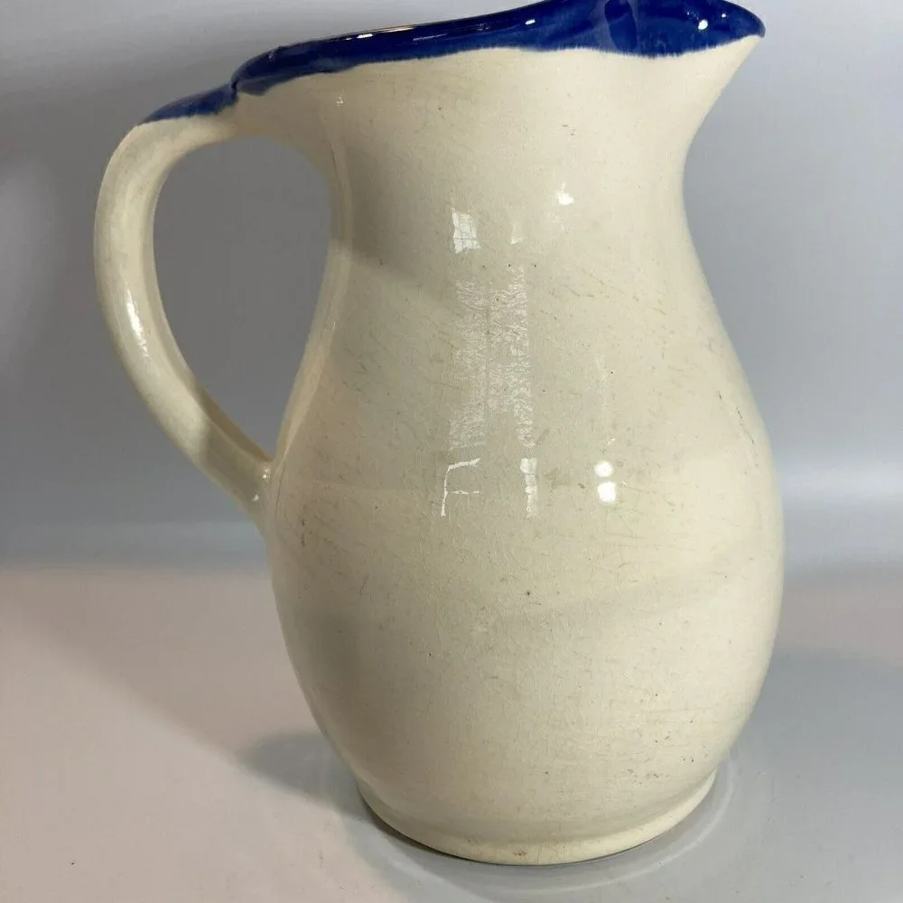 Ceramiques Signed Pantaleu Pitcher Vase Spain Glazed Cream Blue Beach‎ Scene